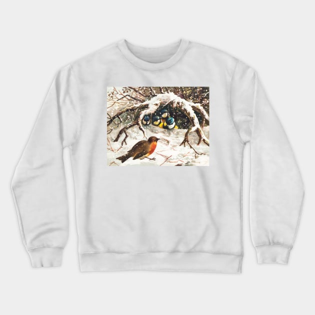 Vintage Christmas Postcard Depicting Birds in Snow Crewneck Sweatshirt by Oldetimemercan